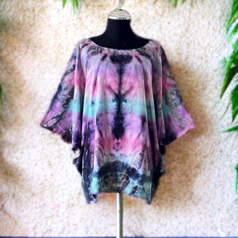 Pink Blue Hand Tie Dyed Dolman Sleeve Top Blouse Shirt (#38)
